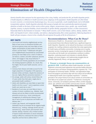 National
Strategic Directions
                                                                                                                                           Prevention
Elimination of Health Disparities                                                                                                            Strategy


America benefits when everyone has the opportunity to live a long, healthy, and productive life, yet health disparities persist.
A health disparity is a difference in health outcomes across subgroups of the population. Health disparities are often linked
to social, economic, or environmental disadvantages (e.g., less access to good jobs, unsafe neighborhoods, lack of affordable
transportation options). Health disparities adversely affect groups of people who have systematically experienced greater
obstacles to health on the basis of their racial or ethnic group, religion, socioeconomic status, gender, age, mental health,
cognitive, sensory, or physical disability, sexual orientation or gender identity, geographic location, or other characteristics
historically linked to discrimination or exclusion.106 Many health concerns, such as heart disease, asthma, obesity, diabetes, HIV/
AIDS, viral hepatitis B and C, infant mortality, and violence, disproportionately affect certain populations. Reducing disparities in
health will give everyone a chance to live a healthy life and improve the quality of life for all Americans.107

                                                             Recommendations: What Can Be Done?
KEY FACTS                                                    Determinants of health (i.e., the personal, social, economic, and
• Low-income and minority neighborhoods are less             environmental factors that influence health) have a significant impact on
  likely to have access to recreational facilities and       health disparities. Disparities can be reduced by focusing on communities
  full-service grocery stores and more likely to have        at greatest risk; building multisector partnerships that create opportunities
  higher concentrations of retail outlets for tobacco,       for health equity and healthy communities; increasing access to quality
  alcohol, and fast foods.108 Adolescents who grow           prevention services; increasing the capacity of individuals in the affected
  up in neighborhoods characterized by concentrated          communities and the health care and prevention workforce to address
  poverty are more likely to be a victim of violence;        disparities; conducting research and evaluation to identify effective
  use tobacco, alcohol, and other substances; become         strategies and ensure progress; and implementing strategies that are
  obese; and engage in risky sexual behavior.109             culturally, linguistically, literacy- and age-appropriate.116
• Low-income and minority populations are at increased
  risk of being exposed to pollution. As a result, they      1 Ensure a strategic focus on communities at
  face higher risks for poor health outcomes, such as        greatest risk. To effectively address health disparities, we should
  asthma.110                                                 implement community-based approaches that promote healthy behaviors
• Coronary heart disease and stroke account for the          and prevent injury and disease among populations at greatest risk.116 The
  largest proportion of inequality in life expectancy        participation of community leaders, members, and organizations helps
  between whites and blacks, despite the existence of        ensure that programs and policies align with local culture and are effective
  low-cost, highly effective preventive treatment.107        in addressing the health issues of greatest importance.117 Initiatives
• On average, adults with serious mental illness die         grounded in the unique historical and cultural contexts of communities are
  25 years earlier than their peers, largely due to          more likely to be accepted and sustained.118 Furthermore, ensuring that
  preventable health conditions.111                          clinical, community, and workplace prevention efforts consider language,
• Adults with disabilities are more likely to report their   culture, age, preferred and accessible communication channels, and health
  health to be fair or poor112 and to experience unmet                              Disparities Exist in the Rates of Many Chronic Conditions
  health care needs due to costs.113                                                    Hypertension                            Obesity
• Residents of rural areas are more likely to have a                           40                                       50
                                                                                                                       Asian                                   Asian
  number of chronic conditions (e.g., diabetes, heart                          30            32.5
                                                                                                                       American Indian/Alaska Native
                                                                                                                        40                                     American In
                                                                                                                                    38.1
                                                                                                                       Hispanic                                Hispanic
  disease) and are less likely to receive recommended                                                                   30              31.7
                                                                                                                                               34.4
                                                               Disease rates




                                                                                      23.5
                                                                               20                   21.5 21.8          Black, non-Hispanic                     Black, non-
  preventive services (e.g., cancer screening and                                                               19.4    20
                                                                                                                               25.6
                                                                                                                       White, non-Hispanic                     White, non
  management of cardiovascular disease) in part                                10
                                                                                                                        10
                                                                                                                                                      9.0
  due to lack of access to physicians and health care                           0                                        0
  delivery sites.114
                                                                                             Diabetes
• Lesbian, gay, bisexual, and transgender (LGBT)
  individuals may be at increased risk for negative health                     15
                                                                                                                         Legend

  behaviors (e.g., smoking, underage alcohol use) and                                        13.2
                                                                                                    12.3 11.8                  White, non-Hispanic
                                                                               10
  outcomes (e.g., sexual assault, post-traumatic stress                                                                        Black, non-Hispanic
                                                                                                                8.2            Hispanic
  disorder, obesity). However, only a limited number                                  7.7
                                                                                                                               American Indian/Alaska Native
                                                                                5
  of reports include information on sexual orientation,                                                                        Asian
  making it difficult to understand the extent of health
                                                                    0
  disparities and how best to address them.115                 Source: National Health Interview Survey, CDC, 2009

                                                                                                                                                                25
 