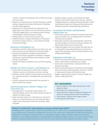National
                                                                                                                         Prevention
                                                                                                                           Strategy


    motorists, and public transportation users to safely move along      • Implement policies, practices, and environmental design
    and across streets.                                                    features to reduce school violence and crime (e.g., classroom
•   Implement countermeasures for impaired driving (e.g., alcohol          management practices, cooperative learning techniques, student
    sobriety checkpoints) and enhance enforcement of speeding              monitoring and supervision, limiting and monitoring access to
    and other safety regulations.                                          buildings and grounds, performing timely maintenance).
•   Implement per se drug impairment laws (presence of any
    illegal drug in one’s system), train law enforcement personnel       Community, Non-Profit, and Faith-Based
    to identify drugged drivers, and develop standard screening          Organizations can
    methodologies to detect the presence of drugs.                       • Promote safer and more connected communities that prevent
•   Develop systems to increase access to trauma care.                     injury and violence (e.g., by designing safer environments,
•   Implement policies to support modifications to the physical            fostering economic growth).
    environment to deter crime (e.g., crime prevention through           • Build public awareness about preventing falls, promote fall
    environmental design).                                                 prevention programs in home and community settings, and
                                                                           educate older adults on how to prevent falls.
Businesses and Employers can                                             • Implement programs that assist juveniles and adults who are
• Implement and enforce safety policies for all drivers (e.g., seat        re-entering their communities following incarceration that
  belts or restraint use, zero tolerance for distracted driving).          support their returning to school, securing employment, and
• Implement comprehensive workplace injury prevention                      leading healthy lifestyles.
  programs that include management commitment, employee
  participation, hazard identification and remediation, worker           Individuals and Families can
  training, and evaluation.                                              • Refrain from driving while under the influence of alcohol or
• Expand and improve occupational injury and illness reporting             drugs or while drowsy or distracted (e.g., texting).
  systems.                                                               • Use seat belts, bicycle helmets, motorcycle helmets, and
                                                                           protective sports gear.
Health Care Systems, Insurers, and Clinicians can                        • Establish clear expectations and consequences with teenagers
• Conduct falls-risk assessments for older adults, including               about safe driving, including speeding, seat belt use, alcohol-
  medication review and modification and vision screening.                 or drug-impaired driving, and distracted driving.
• Implement and test models for increasing falls-risk assessments        • Engage in regular physical activity to increase strength and
  (e.g., physician education, and linkages with community-based            balance to help prevent falls.
  services).
• Include occupational and environmental risk assessment in
  patient medical history-taking.
                                                                            KEY DOCUMENTS
Early Learning Centers, Schools, Colleges, and                              • National Highway Traffic Safety Administration: Traffic
Universities can                                                              Safety Fact Sheets
• Encourage youth to use seat belts, bicycle helmets, and                   • Best Practices for a Safe Community
  motorcycle helmets, and not drive while distracted or under the           • Essential Elements of Effective Workplace Programs and
  influence of alcohol or drugs.                                              Policies for Improving Worker Health and Well-Being
• Collect and report statistics on crimes that occur and result in          • Youth Violence: A Report of the Surgeon General
  injuries on or around campuses and issue timely warnings to               • Preventing Falls: What Works
  campus communities about crimes that may threaten safety
  and health.


    PROJECT HIGHLIGHT: Urban Networks to Increase Thriving Youth (UNITY)
    Promoting effective, sustainable efforts to prevent violence before it occurs, UNITY cities and communities emphasize collaboration
    across multiple sectors and disciplines, including justice, education, labor, social services, public health and safety, and youth-serving
    organizations. For example, in Louisville, Kentucky, a multidisciplinary coalition worked to implement policies that limit alcohol
    promotion, increase neighborhood lighting, and decrease graffiti and neighborhood blight. In Boston, a community coalition connects
    students to employment opportunities and to after-school and summer activities that build coping skills and prevent violence.


                                                                                                                                             43
 