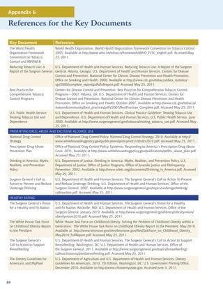Appendix 6

References for the Key Documents

 Key Document                   Reference
 The World Health               World Health Organization. World Health Organization Framework Convention on Tobacco Control.
 Organization Framework         2005. Available at http://www.who.int/tobacco/framework/WHO_FCTC_english.pdf. Accessed May
 Convention on Tobacco          25, 2011.
 Control and MPOWER
 Reducing Tobacco Use: A       U.S. Department of Health and Human Services. Reducing Tobacco Use: A Report of the Surgeon
 Report of the Surgeon General General. Atlanta, Georgia: U.S. Department of Health and Human Services, Centers for Disease
                               Control and Prevention, National Center for Chronic Disease Prevention and Health Promotion,
                               Office on Smoking and Health, 2000. Available at http://www.cdc.gov/tobacco/data_statistics/
                               sgr/2000/complete_report/pdfs/fullreport.pdf. Accessed May 25, 2011.
 Best Practices for             Centers for Disease Control and Prevention. Best Practices for Comprehensive Tobacco Control
 Comprehensive Tobacco          Programs—2007. Atlanta, GA: U.S. Department of Health and Human Services, Centers for
 Control Programs               Disease Control and Prevention, National Center for Chronic Disease Prevention and Health
                                Promotion, Office on Smoking and Health; October 2007. Available at http://www.cdc.gov/tobacco/
                                stateandcommunity/best_practices/pdfs/2007/BestPractices_Complete.pdf, Accessed May 25, 2011.
 U.S. Public Health Service:    U.S. Department of Health and Human Services. Clinical Practice Guideline: Treating Tobacco Use
 Treating Tobacco Use and       and Dependence. U.S. Department of Health and Human Services, U.S. Public Health Service, June
 Dependence                     2000. Available at http://www.surgeongeneral.gov/tobacco/treating_tobacco_use.pdf. Accessed May
                                25, 2011.
 PREVENTING DRUG ABUSE AND EXCESSIVE ALCOHOL USE
 National Drug Control          Office of National Drug Control Policy. National Drug Control Strategy. 2010. Available at http://
 Strategy                       www.whitehousedrugpolicy.gov/publications/policy/ndcs10/ndcs2010.pdf. Accessed May 25, 2011.
 Prescription Drug Abuse        Office of National Drug Control Policy. Epidemic: Responding to America’s Prescription Drug Abuse
 Prevention Plan                Crisis. 2011. Available at http://www.whitehousedrugpolicy.gov/publications/pdf/rx_abuse_plan.pdf.
                                Accessed May 25, 2011.
 Drinking in America: Myths,    U.S. Department of Justice. Drinking in America: Myths, Realities, and Prevention Policy. U.S.
 Realities, and Prevention      Department of Justice, Office of Justice Programs, Office of Juvenile Justice and Delinquency
 Policy                         Prevention. 2002. Available at http://www.udetc.org/documents/Drinking_in_America.pdf. Accessed
                                May 25, 2011.
 Surgeon General’s Call to      U.S. Department of Health and Human Services. The Surgeon General’s Call to Action To Prevent
 Action to Prevent and Reduce   and Reduce Underage Drinking. U.S. Department of Health and Human Services, Office of the
 Underage Drinking              Surgeon General, 2007. Available at http://www.surgeongeneral.gov/topics/underagedrinking/
                                calltoaction.pdf. Accessed May 25, 2011.
 HEALTHY EATING
 The Surgeon General’s Vision   U.S. Department of Health and Human Services. The Surgeon General’s Vision for a Healthy
 for a Healthy and Fit Nation   and Fit Nation. Rockville, MD: U.S. Department of Health and Human Services, Office of the
                                Surgeon General, January 2010. Available at http://www.surgeongeneral.gov/library/obesityvision/
                                obesityvision2010.pdf. Accessed May 25, 2011.
 The White House Task Force     White House Task Force on Childhood Obesity. Solving the Problem of Childhood Obesity within a
 on Childhood Obesity Report    Generation: The White House Task Force on Childhood Obesity Report to the President. May 2010.
 to the President               Available at http://www.letsmove.gov/sites/letsmove.gov/files/TaskForce_on_Childhood_Obesity_
                                May2010_FullReport.pdf. Accessed May 25, 2011.
 The Surgeon General’s          U.S. Department of Health and Human Services. The Surgeon General’s Call to Action to Support
 Call to Action to Support      Breastfeeding. Washington, DC: U.S. Department of Health and Human Services, Office of
 Breastfeeding                  the Surgeon General, 2011. Available at http://www.surgeongeneral.gov/topics/breastfeeding/
                                calltoactiontosupportbreastfeeding.pdf. Accessed May 25, 2011.
 The Dietary Guidelines for     U.S. Department of Agriculture and U.S. Department of Health and Human Services. Dietary
 Americans and MyPlate          Guidelines for Americans, 2010. 7th Edition, Washington, DC: U.S. Government Printing Office,
                                December 2010. Available on http://www.choosemyplate.gov. Accessed June 3, 2011.



84
 