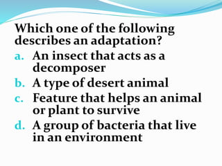 Which one of the following
describes an adaptation?
a. An insect that acts as a
decomposer
b. A type of desert animal
c. Feature that helps an animal
or plant to survive
d. A group of bacteria that live
in an environment
 
