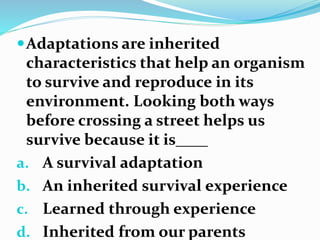 Adaptations are inherited
characteristics that help an organism
to survive and reproduce in its
environment. Looking both...