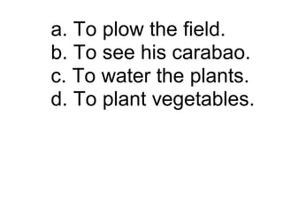 a. To plow the field.
b. To see his carabao.
c. To water the plants.
d. To plant vegetables.
 