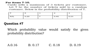 Which probability value would satisfy the given
probability distribution?
Question #7
A.0.16 B. 0.17 C. 0.18 D. 0.19
 