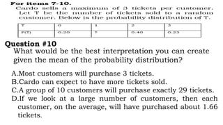 What would be the best interpretation you can create
given the mean of the probability distribution?
Question #10
A.Most customers will purchase 3 tickets.
B.Cardo can expect to have more tickets sold.
C.A group of 10 customers will purchase exactly 29 tickets.
D.If we look at a large number of customers, then each
customer, on the average, will have purchased about 1.66
tickets.
 