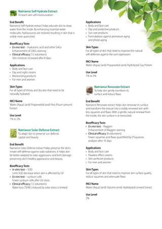 Natriance Self-hydrate Extract
To teach skin self-moisturization
End Benefit
Natriance Self-hydrate extract helps educate skin to draw
water from the inside. By enhancing essential water
molecules, hydrasources are restored resulting in skin that is
visibly more quenched.
Bioefficacy Tests
•	 Ex vivo test – hyaluronic acid and other GAGs
Enhancement of GAGs staining
•	 Clinical efficacy (12 volunteers)
Skin moisture increased after 8 days
Applications
•	 Body and face care
•	 Day and night creams
•	 Moisturizing products
•	 For men and women
Skin Types
For all types of thirsty and dry skin that need to be
naturally hydrated
INCI Name
Water (Aqua) (and) Propanediol (and) Pea (Pisum sativum)
Extract
Use Level
1% to 2%
Natriance Solar Defense Extract
To adapt skin to preserve sun defense
capital and beauty
End Benefit
Natriance Solar Defense extract helps preserve the skin’s
innate self-defense against solar radiations. It helps skin
be better adapted to solar aggressions and limit damage
preserving skin’s healthy appearance and beauty.
Bioefficacy Tests
•	 In vitro test – SOD
Limit SOD decrease when skin is affected by UV
•	 Ex vivo test – sunburn cells
Fewer sunburn cells after UV stress
•	 Clinical efficacy (12 volunteers)
Water loss (TEWL) induced by solar stress is limited
Applications
•	 Body and face care
•	 Day and protective products
•	 Sun care products
•	 Formulations against premature aging
and photo-aging
Skin Types
For all types of skin that need to improve the natural
self-defenses against the sun’s agressions
INCI Name
Water (Aqua) (and) Propanediol (and) Hydrolyzed Soy Protein
Use Level
1% to 2%
Natriance Renovate Extract
To help skin gently transform its
surface and reduce flaws
End Benefit
Natriance Renovate extract helps skin renovate its surface
and transform the texture into a visibly renewed skin with
less squames and flaws. With a gentle, natural renewal from
the inside, the skin surface is re-texturized.
Bioefficacy Tests
•	 Ex vivo test – filaggrin
Enhancement of filaggrin staining
•	 Clinical efficacy (8 volunteers)
Fewer squames and flaws quantified by D’Squames
analyzer after 10 days
Applications
•	 Body and face care
•	 Flawless effect creams
•	 Skin perfecter products
•	 For men and women
Skin Types
For all types of skin that need to improve skin surface quality,
reduce squames and attenuate flaws
INCI Name
Water (Aqua) (and) Glycerin (and) Hydrolyzed Linseed Extract
Use Level
2%
 
