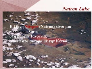 Natron Lake
Η λίμνη Νάτρον (Natron) είναι μια
αλκαλική λίμνη
στη βόρεια Τανζανία,
κοντά στα σύνορα με την Κένυα.
 