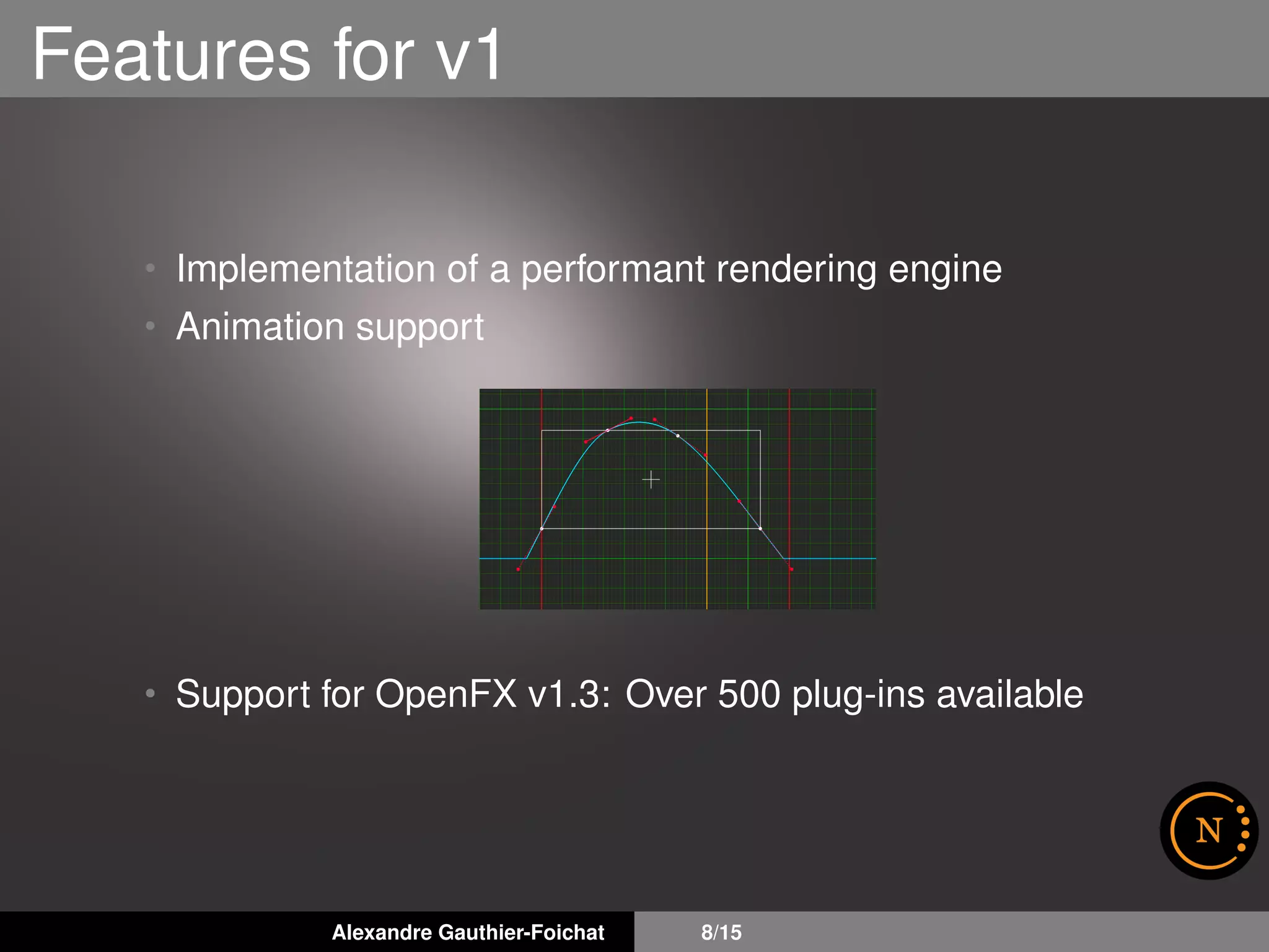 Features for v1
• Implementation of a performant rendering engine
• Animation support
• Support for OpenFX v1.3: Over 500 plug-ins available
Alexandre Gauthier-Foichat 8/15
 