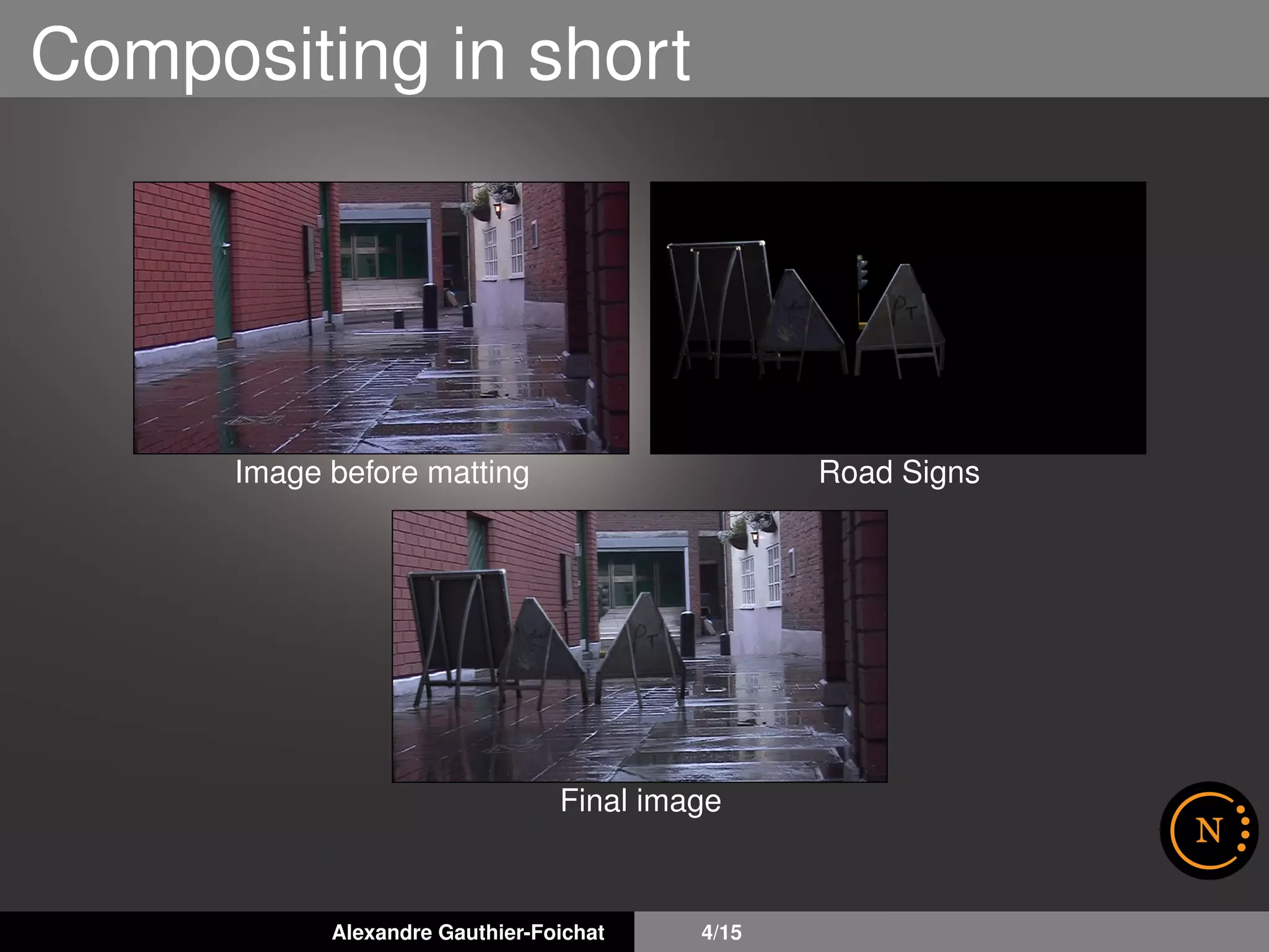 Compositing in short
Image before matting Road Signs
Final image
Alexandre Gauthier-Foichat 4/15
 