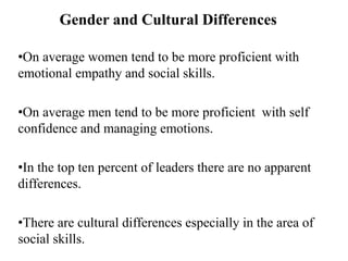 Gender and Cultural Differences
•On average women tend to be more proficient with
emotional empathy and social skills.
•On average men tend to be more proficient with self
confidence and managing emotions.
•In the top ten percent of leaders there are no apparent
differences.
•There are cultural differences especially in the area of
social skills.
 