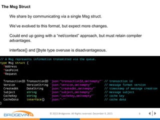 © 2015 Bridgevine. All Rights reserved. December 9, 2015 6
The Msg Struct
We share by communicating via a single Msg struct.
We’ve evolved to this format, but expect more changes.
Could end up going with a “net/context” approach, but must retain compiler
advantages.
interface{} and []byte type overuse is disadvantageous.
 