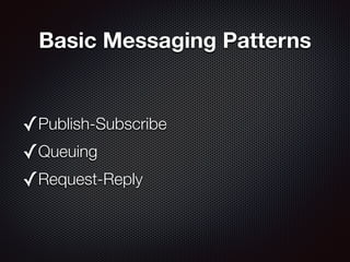 Basic Messaging Patterns
✓Publish-Subscribe
✓Queuing
✓Request-Reply
 