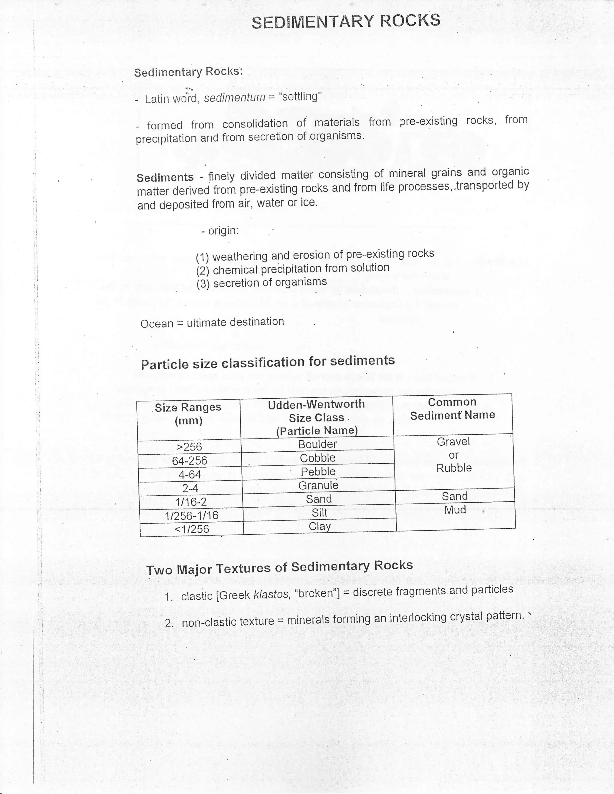 '.


                              SEDIMEhITARY ROCKS

SedimentarY Rocks:

-   Latin woi-d, sedimentum = "settling"

-    formed from consolidation       of
                                     materials        from pre-existing rocks, from
precipitation and from secretion of organisms'



Sediments - finely divided matter consisting of mineral grains and
                                                                       organic
                                                     processes,.transported by
matter derived from pre-existing rocks and from life
and deposited from alr, water or ice'

                  - origin:

                 (1) weathering and erosion of pre-existing rocks
                 izi cnemical prebipitation from solution
                 (3) secretion of organisms


    Ocean = ultimate destination


    Partlcie size classification for sediments

                               [dden-Wentworth                  Common
                                   Size Glass   .            Sedimenf Narne
                                  Particle Name
                                                                    Gravel
                                                                      or
                                                                    Rubble


           1116-2
         1/256-1/16




     Two Maior Textures of Sedimentary Rocks
     .




                                                                     and particles
         1.   clastic [Greek k/asfos, "broken"] = discrete fragments
                                                                     crystal pattern'   '
         2.   non-clastic texture = minerals forming an interlocking


                                                                                            .
 