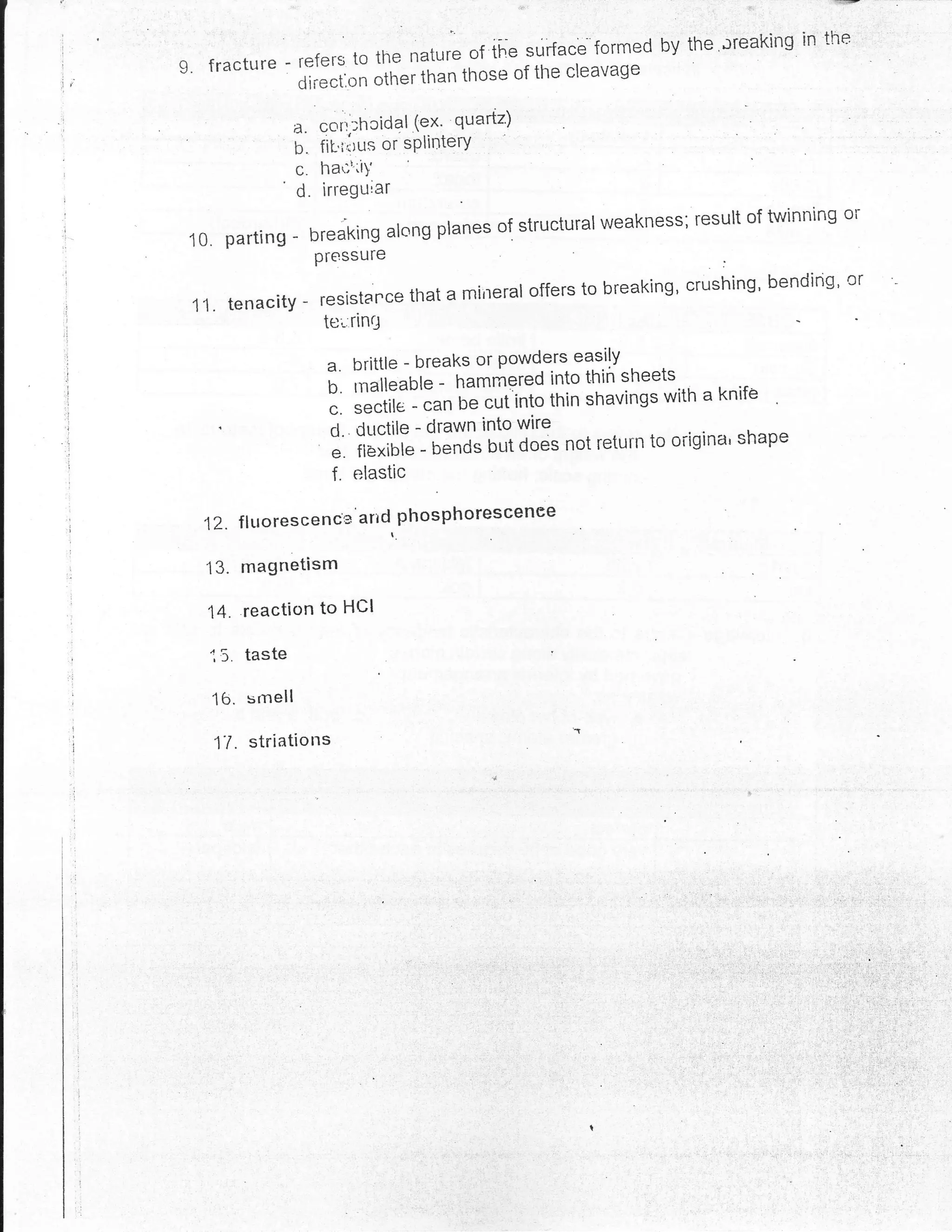 formed by the ''rreaking            in the:
g. fracture - refers to the nature.of ir''"ofsurr"ce
                                                  cleavage
              oir""i'"n other than those the
                               '
                                               -i-
                                             quartz)
                       a' cort:hcidal (ex'
                       b ri;'i;;;i'itint"'Y
                   ' c' irregu'ar
                        hai;'liY
                     d'
                                                - ^r ^r'"^{rrral rnta:               ruintiing   or-

 l0.parting-breakingalongp|anesofstructuralweakness;resultoftt
                         pressure
                                                                                                 nr
 ll.tenacity-resistarcethatamiiteralofferstobreaking'crushing'bendirig'
                          tei ring
                                                             eas.ilY
                           a. brittle - breaks or powders          ,


                           n' tnuiiuuble - hammered       into thin sheets
                                                                         with a knife
                           c. sectile - can be cut'into thin shavings
     '                     cl' 'Cttctile - drawn into wire                        shape
                              ;;ilL       - n*nos but does not return to origina'
                           ". elastic
                           f.
   12. fluorescence' artdt.
                            phosphorescenee

   4'I         magnetism

   14. reaction to HCI

   ', 5.       taste

    16. srnell

    1'l    .   striations
 