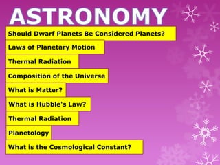 Should Dwarf Planets Be Considered Planets?
Laws of Planetary Motion
Thermal Radiation
Composition of the Universe
What is Matter?
What is Hubble's Law?
Thermal Radiation
Planetology
What is the Cosmological Constant?

 