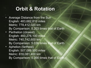 Orbit & Rotation
• Average Distance from the Sun
  English: 483,682,810 miles
  Metric: 778,412,020 km
  By Comparison: 5.203 times that of Earth
• Perihelion (closest)
  English: 460,276,100 miles
  Metric: 740,742,600 km
  By Comparison: 5.036 times that of Earth
• Aphelion (farthest)
  English: 507,089,500 miles
  Metric: 816,081,400 km
  By Comparison: 5.366 times that of Earth
 