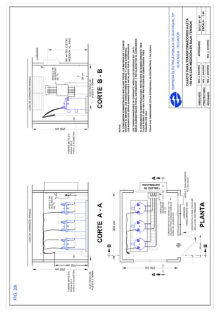LOSA DE HORMIGÓN ARMADO                                                                      LOSA DE HORMIGÓN ARMADO


                                                                                                                                                                                LUMINARIA




                                                                       MÓDULO DE
                                                                       SEGURIDAD
                                                                                                                                                               MÓDULO DE
                                                                       DE TC
                                                                                                                                                               SEGURIDAD
                                                                                                                                                               DE TC




                250 cm
                                                                                                                            250 cm
                                                                                                                                                                               180 cm DEL EJE DEL
TUBERÍA METÀLICA                                                                                        TUBERÍA METÀLICA                                                       MEDIDOR AL PISO
RÌGIDA DE 4"                                                                                            RÌGIDA DE 4"
PARA LA ACOMETIDA                                                                                       PARA LA ACOMETIDA




                         150 cm
                                                                                                                                                               50 cm


  ELECTRODO DE                                                                                                                                     ELECTRODO DE
 PUESTA A TIERRA                                                                                                                                  PUESTA A TIERRA




                                                   300 cm
                                                                                                                        NOTAS:
                                                                                                                        EL CONSUMIDOR SUMINISTRARÁ E INSTALARÁ TODOS LOS MATERIALES Y EQUIPOS
                                                                                                                        EXCEPTO EL MEDIDOR, LOS CONDUCTORES DE SEÑAL Y LOS DE ACOMETIDA,
                                                                                                                        LOS MISMOS QUE SERÁN SUMINISTRADOS E INSTALADOS POR EL DISTRIBUIDOR

                                                                                                                        LOS TRANSFORMADORES DE CORRIENTE, MÓDULO DE SEGURIDAD DE LOS TC
                                                                                                                        SERÁN SUMINISTRADOS POR EL DISTRIBUIDOR E INSTALADOS POR EL CONSUMIDOR.

                                                                                                                        EL CONSUMIDOR SUMINISTRARÁ COMO PROTECCIÓN DE SOBRECORRIENTE TRES
                                                                                                                        CAJAS FUSIBLE 100A-15kV Y COMO PROTECCIÓN DE SOBRETENSION TRES
                                                                                                                        PARARRAYOS 10kV.
                                                                                                                        TODAS LAS DIMENSIONES ESTAN EXPRESADAS EN CENTíMETROS Y PULGADAS.




                    250 cm
                                                                                        TABLERO DE
                                                                                        DISTRIBUCIÓN
                                                                   MÓDULO DE
                                                                   SEGURIDAD
                                                                   DE TC
                                               TUBERÍA METÁLICA RÍGIDA DE 11/4"
                                               DE DIAM. PARA CONDUCTORES DE
                                               SEÑAL DE LA MEDICIÓN                                                                                     EMPRESA ELÉCTRICA PÚBLICA DE GUAYAQUIL, EP
                                                                                                                                                                         GUAYAQUIL - ECUADOR




                                    100
                                    200
                                                            LUMINARIA
                                                                                  MÓDULO PARA MEDIDOR
                                                       TOMACORRIENTE 120V             70 x 40 x 25 cm                                                     CUARTO PARA TRANSFORMADORES HASTA
                                                   DISPOSITIVO PARA COLOCAR
                                                                                                                                                          150 kVA CON MEDICIÓN EN BAJA TENSION
                                                   SELLO DEL DISTRIBUIDOR

                                                                                                                                            DIBUJADO         ING. J. SAVERIO       APROBADO         2012 / 04 / 07
                                  100 cm
                                                                                                                                            PROYECTADO       ING. J. SAVERIO                        ESCALA: 1:50
                                                                                                                                            REVlSADO         ING. J. SAVERIO      ING. J. SAVERIO
 