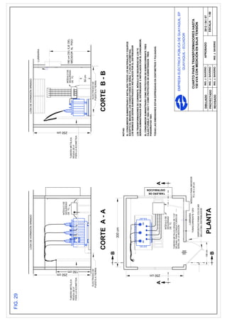 LOSA DE HORMIGÓN ARMADO                                                                    LOSA DE HORMIGÓN ARMADO


                                                                                                                                                                                  LUMINARIA




                                                                             MÓDULO DE




                     250 cm
                                                                                                                              250 cm
                                                                             SEGURIDAD
                                                                             DE TC                                                                               MÓDULO DE
                                                                                                                                                                 SEGURIDAD
                                                                                                                                                                                 180 cm DEL EJE DEL
TUBERÍA METÁLICA                                                                                          TUBERÍA METÁLICA                                                       MEDIDOR AL PISO
                                                                                                                                                                 DE TC
RÍGIDA DE 4"                                                                                              RÍGIDA DE 4"
PARA LA ACOMETIDA                                                                                         PARA LA ACOMETIDA




                             150 cm
                                                                                                                                                                 50 cm


          ELECTRODO DE                                                                                                                               ELECTRODO DE
         PUESTA A TIERRA                                                                                                                            PUESTA A TIERRA




                                                        300 cm
                                                                                                                          NOTAS:
                                                                                                                          EL CONSUMIDOR SUMINISTRARÁ E INSTALARÁ TODOS LOS MATERIALES Y EQUIPOS
                                                                                                                          EXCEPTO EL MEDIDOR, LOS CONDUCTORES DE SEÑAL Y LOS DE ACOMETIDA,
                                                                                                                          LOS MISMOS QUE SERÁN SUMINISTRADOS E INSTALADOS POR EL DISTRIBUIDOR

                                                                                                                          LOS TRANSFORMADORES DE CORRIENTE, MÓDULO DE SEGURIDAD DE LOS TC
                                                                                                                          SERÁN SUMINISTRADOS POR EL DISTRIBUIDOR E INSTALADOS POR EL CONSUMIDOR.

                                                                                                                          EL CONSUMIDOR SUMINISTRARÁ COMO PROTECCIÓN DE SOBRECORRIENTE TRES
                                                                                                                          CAJAS FUSIBLE 100A-15kV Y COMO PROTECCIÓN DE SOBRETENSION TRES
                                                                                                                          PARARRAYOS 10kV.
                                                                                                                          TODAS LAS DIMENSIONES ESTAN EXPRESADAS EN CENTíMETROS Y PULGADAS.




                    250 cm
                                                                                          TABLERO DE
                                                                                          DISTRIBUCIÓN
                                                                MÓDULO DE
                                                                SEGURIDAD
                                                                DE TC
                                               TUBERÍA METÁLICA RÍGIDA DE 11/4"
                                               DE DIAM. PARA CONDUCTORES DE
                                               SEÑAL DE LA MEDICIÓN                                                                                        EMPRESA ELÉCTRICA PÚBLICA DE GUAYAQUIL, EP
                                                                                                                                                                     GUAYAQUIL - ECUADOR




                                        100
                                        200
                                                                  LUMINARIA
                                                                                    MÓDULO PARA MEDIDOR
                                                             TOMACORRIENTE 120V         70 x 40 x 25 cm                                                     CUARTO PARA TRANSFORMADORES HASTA
                                                         DISPOSITIVO PARA COLOCAR
                                                                                                                                                            150 kVA CON MEDICIÓN EN BAJA TENSIÓN
                                                         SELLO DEL DISTRIBUIDOR

                                                                                                                                              DIBUJADO         ING. J. SAVERIO       APROBADO         2012 / 04 / 07
                                      100 cm
                                                                                                                                              PROYECTADO       ING. J. SAVERIO                        ESCALA:     1:50
                                                                                                                                              REVlSADO         ING. J. SAVERIO     ING. J. SAVERIO
 