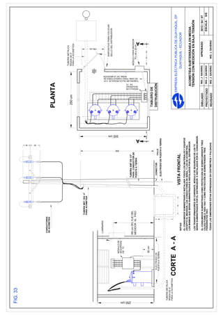 30
                                                                                                                            50
                                                       CONDUCTORES
                                                       DE ACOMETIDA




                                                                                                                                                                                                               TUBERÍA METÀLICA
                                                                                                                                               250 cm                                                          RÌGIDA DE 4"
                                                                                                                                                                                                               PARA LA ACOMETIDA




                                                                        TUBERÍA MET. RIG. 4"
                                                                        PARA ACOMETIDA


                                                                                                                                                                                                         200
                                                                                                                                                                                                         100
                                                                                                                                                                                                                           100 cm




                                                       LUMINARIA

                                                                                                                                                                                                                      DISPOSITIVO PARA COLOCAR
                                                                                                                                                                                                                      SELLO DEL DISTRIBUIDOR.




                                                                                                                                     300 cm



                                                                                                                      650
                                          MÓDULO DE
                                          SEGURIDAD
                                          DE TC
                                                                                                                                                                                 SEÑAL DE LA MEDICIÓN




250 cm
                                                                                                TUBERÍA EMT DE 1/2"
                                                                                                                                                              DE TC




                                                      180 cm DEL EJE DEL                        PARA CONDUCTOR DE                                                                                              MÓDULO PARA MEDIDOR
                                                      MEDIDOR AL PISO                           PUESTA A TIERRA                                                                                                    70 x 40 x 25 cm
                                                                                                                                                                       DE DIAM. PARA CONDUCTORES DE



                                                                                                                                                          SEGURIDAD
                                                                                                                                                          MÓDULO DE
                                                                                                                                                                      TUBERÍA METÁLICA RÍGIDA DE 11/4"




                                                                                                                                 A
                                                                                                                                                                                                                                    A




                                          50 cm
                                                                                                                                              TABLERO DE
                              ELECTRODO DE                                                        CONECTOR                                    DISTRUBUCIÓN
                                                                                                                 CALLE




                                                                   80
                             PUESTA A TIERRA
                                                                                                 ELECTRODO DE PUESTA A TIERRA

         TUBERÍA METÀLICA
         RÌGIDA DE 4"
         PARA LA ACOMETIDA

                                                                               80
                                                                                                                                                         EMPRESA ELÉCTRICA PÚBLICA DE GUAYAQUIL, EP
                                                         NOTAS:                                                                                                      GUAYAQUIL - ECUADOR
                                                         EL CONSUMIDOR SUMINISTRARÁ E INSTALARÁ TODOS LOS MATERIALES Y EQUIPOS
                                                         EXCEPTO EL MEDIDOR, LOS CONDUCTORES DE SEÑAL Y LOS DE ACOMETIDA,
                                                         LOS MISMOS QUE SERÁN SUMINISTRADOS E INSTALADOS POR EL DISTRIBUIDOR                                 ACOMETIDA SUBTERRÁNEA EN MEDIA
                                                         LOS TRANSFORMADORES DE CORRIENTE, MÓDULO DE SEGURIDAD DE LOS TC                                     TENSIÓN CON MEDICIÓN EN BAJA TENSIÓN
                                                         SERÁN SUMINISTRADOS POR EL DISTRIBUIDOR E INSTALADOS POR EL CONSUMIDOR.

                                                         EL CONSUMIDOR SUMINISTRARÁ COMO PROTECCIÓN DE SOBRECORRIENTE TRES                    DIBUJADO            ING. J. SAVERIO                                    APROBADO           2012 / 04 / 07
                                                         CAJAS FUSIBLE 100A-15kV Y COMO PROTECCIÓN DE SOBRETENSIÓN TRES
                                                         PARARRAYOS 10kV.                                                                     PROYECTADO          ING. J. SAVERIO                                                       ESCALA:     S/E
                                                         TODAS LAS DIMENSIONES ESTAN EXPRESADAS EN CENTÍMETROS Y PULGADAS.                    REVlSADO            ING. J. SAVERIO                                   ING. J. SAVERIO
 