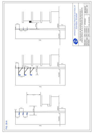 0.1 m
                                                                                          1.14 m
                                                                                                                                                 1.4 m




           1.4 m.
                                                                                                                            1.5 m




                                1.5 m
                                                       2.2 m
                                                                          2.2 m




             1.5 m
                                                                                                                            1.5 m


                     2.77m




                                        4.27m
                                                                                                                                      2.77m
                                                                  2.77m

                                                                                                         19 m




19 m
                                                19 m
                      VEREDA                                              VEREDA                                                     VEREDA
       CALZADA                                          CALZADA                                                 CALZADA



                                                                                  2.4 m




                                2.4 m
                                                                                                                                         2.4 m




                                                                                                                   EMPRESA ELÉCTRICA PÚBLICA DE GUAYAQUIL, EP
                                                                                                                                    GUAYAQUIL - ECUADOR

                                                                                                        DISTANCIAS DE SEGURIDAD ENTRE EDIFICIOS Y
                                                                                                      LÍNEAS AÉREAS DE ALTA TENSIÓN SIN AISLAMIENTO

                                                                                                   DIBUJADO        ING. J. SAVERIO         APROBADO        2012 / 04 / 07
                                                                                                   PROYECTADO      ING. J. SAVERIO                         ESCALA:     S/E
                                                                                                   REVISADO        ING. J. SAVERIO      ING. JOE SAVERIO
 