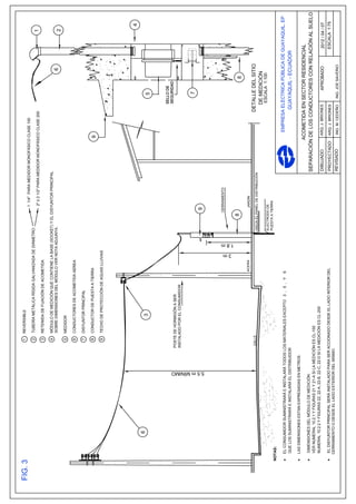 1    REVERSIBLE
                                                                                                                                    1 1/4" PARA MEDIDOR MONOFÁSICO CLASE 100
                                                              2    TUBERÍA METÁLICA RÍGIDA GALVANIZADA DE DIÁMETRO:
                                                                                                                                    2" ò 2 1/2" PARA MEDIDOR MONOFÁSICO CLASE 200                                    1
                                                              3    RETENIDA DE FIJACIÓN DE ACOMETIDA

                                                              4    MÓDULO DE MEDICIÓN QUE CONTIENE LA BASE (SOCKET) Y EL DISYUNTOR PRINCIPAL
                                                                   SOBRE DIMENSIONES DEL MÓDULO VER NOTA ADJUNTA.                                                                                       6             2
                                                              5    MEDIDOR

                                                              6    CONDUCTORES DE ACOMETIDA AÉREA

                                                              7    DISYUNTOR PRINCIPAL

                                                              8    CONDUCTOR DE PUESTA A TIERRA                                                                     9
                                                              9    TECHO DE PROTECCIÓN DE AGUAS LLUVIAS




                                                                                                                                                                                                                          4
              6
                                                                          3                                                                                                                 5




                                                           POSTE DE HORMIGÓN A SER
                                                           INSTALADO POR EL CONSUMIDOR


                                                                                                                                                                                            7
                                                                                                                                9




                                            5.5 m MÍNIMO
                                                                                                                               CERRAMIENTO




                                                                                                       3m
                                                                                                            1.8 m
                                                                                                                           8                                                                       8
                                                                                              ACERA                              JARDÍN
                                                           CALLE                                                    HACIA EL PANEL DE DISTRIBUCIÓN
                                                                                                                                                                                  DETALLE DEL SITIO
                                                                                                                                                                                    DE MEDICIÓN
                                                                                                                    ELECTRODO DE
                                                                                                                                                                                         ESCALA 1:100
                                                                                                                    PUESTA A TIERRA
NOTAS:

·   EL CONSUMIDOR SUMINISTRARÁ E INSTALARÁ TODOS LOS MATERIALES EXCEPTO 3 , 5 , Y             6                                                                          EMPRESA ELÉCTRICA PÚBLICA DE GUAYAQUIL, EP
    QUE LOS SUMINISTRARÁ E INSTALARÁ EL DISTRIBUIDOR                                                                                                                                GUAYAQUIL - ECUADOR
·   LAS DIMENSIONES ESTAN EXPRESADAS EN METROS
                                                                                                                                                               ACOMETIDA EN SECTOR RESIDENCIAL
·   DIMENSIONES DEL MÓDULO DE MEDICIÓN:
                                                                                                                                                     SEPARACIÓN DE LOS CONDUCTORES CON RELACIÓN AL SUELO
    VER NUMERAL 10.2.1 Y FIGURAS 21 Y 21-A SI LA MEDICIÓN ES CL-100
    NUMERAL 10.2.2 Y FIGURAS 22, 22-A, 22-B, 22-C, 22-D SI LA MEDICIÓN ES CL-200
                                                                                                                                                     DIBUJADO        ARQ. J. BRIONES            APROBADO     2012 / 04 / 07
·   EL DISYUNTOR PRINCIPAL SERÁ INSTALADO PARA SER ACCIONADO DESDE EL LADO INTERIOR DEL                                                              PROYECTADO      ARQ. J. BRIONES                         ESCALA 1:75
    CERRAMIENTO O DESDE EL LADO EXTERIOR DEL MISMO.
                                                                                                                                                     REVISADO           ING. M. CEDEÑO    ING. JOE SAVERIO
 