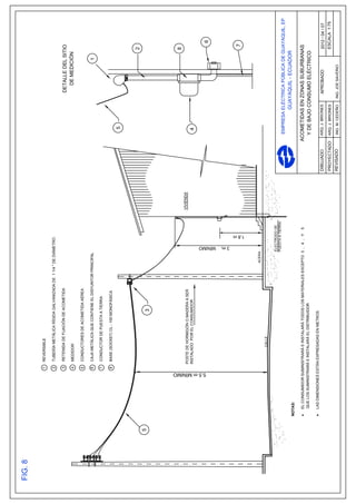 1   REVERSIBLE

                                     2    TUBERÍA METÁLICA RÍGIDA GALVANIZADA DE 1 1/4 " DE DIÁMETRO

                                     3    RETENIDA DE FIJACIÓN DE ACOMETIDA                                                                                      DETALLE DEL SITIO
                                     4    MEDIDOR                                                                                                                  DE MEDICIÓN

                                     5    CONDUCTORES DE ACOMETIDA AÉREA

                                     6    CAJA METÁLICA QUE CONTIENE EL DISYUNTOR PRINCIPAL                                                                                       1
                                     7    CONDUCTOR DE PUESTA A TIERRA

                                     8    BASE (SOCKET) CL - 100 MONOFÁSICA

                                                                                                                                                5


                                                                                                                                                                                      2
5
                                                                 3




                                                                                                                                                                                      8
                                         POSTE DE HORMIGÓN O MADERA A SER                                            VIVIENDA
                                         INSTALADO POR EL CONSUMIDOR                                                                           4




                      5.5 m MÍNIMO
                                                                                                                                                                                              6




                                                                                                MÍNIMO
                                                                                                3 m.
                                                                                                                                                                                          7
                                                                                                         1.8 m




                                                                                        ACERA
                                                CALLE

                                                                                              ELECTRODO DE
                                                                                              PUESTA A TIERRA
                                                                                                                                             EMPRESA ELÉCTRICA PÚBLICA DE GUAYAQUIL, EP
                                                                                                                                                         GUAYAQUIL - ECUADOR
    NOTAS:

    ·   EL CONSUMIDOR SUMINISTRARÁ E INSTALARÁ TODOS LOS MATERIALES EXCEPTO 3 , 4 , Y                            5                         ACOMETIDAS EN ZONAS SUBURBANAS
        QUE LOS SUMINISTRARÁ E INSTALARÁ EL DISTRIBUIDOR                                                                                     Y DE BAJO CONSUMO ELÉCTRICO
    ·   LAS DIMENSIONES ESTÀN EXPRESADAS EN METROS
                                                                                                                                DIBUJADO     ARQ. J. BRIONES     APROBADO             2012 / 04 / 07
                                                                                                                                PROYECTADO   ARQ. J. BRIONES                          ESCALA 1:75
                                                                                                                                REVISADO     ING. M. CEDEÑO    ING. JOE SAVERIO
 
