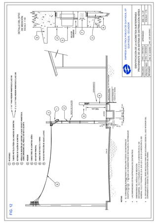 DETALLE DEL SITIO
                                                                                                                                                                                             DE MEDICIÓN
                                                                                                                                                                                               ESCALA 1:100




                                                                                                                                                                                       9




                                                                                                     3


                    6                                                                                    1                                                                             4

                                                                                                                                                                                   5
                                                                                                            2


                                                                                                    MEDIO DE FIJACIÓN




                                                                                                                                                                                           7
                                                                                                9



                                                                                                                              CERRAMIENTO
                                                                                                                                                                                       2




                                                                                                         180 cm
                                                                                                                         8




                                                                                5 cm
                                                                                                ACERA                                                                                              8
                                                        CALLE
                                                                                                                     HACIA EL PANEL DE DISTRIBUCIÓN




                                                                                        60 cm
                                                                                                                     ELECTRODO DE
                                                                                                                     PUESTA A TIERRA




                                                                                10 cm
NOTAS:                                                                              10 cm       60 cm        10 cm

·   EL CONSUMIDOR SUMINISTRARÁ E INSTALARÁ TODOS LOS MATERIALES                                                                                               EMPRESA ELÉCTRICA PÚBLICA DE GUAYAQUIL, EP
    EXCEPTO 3 , 5 , Y 6 QUE LOS SUMINISTRARÁ E INSTALARÁ EL DISTRIBUIDOR                                                                                                  GUAYAQUIL - ECUADOR
·   LAS DIMENSIONES ESTÁN EXPRESADAS EN CENTÍMETROS

·   DIMENSIONES DEL MÓDULO DE MEDICIÓN:                                                                                                                 IDENTIFICACIÓN DE LA ACOMETIDA SUBTERRÁNEA
    VER NUMERAL 10.2.1 Y FIGURAS 21 Y 21-A SI LA MEDICIÓN ES CL-100                                                                                   PROVENIENTE DE UN SISTEMA DE DISTRIBUCIÓN AÉREA
    NUMERAL 10.2.2 Y FIGURAS 22, 22-A, 22-B, 22-C, 22-D SI LA MEDICIÓN CL-200
                                                                                                                                                 DIBUJADO     ARQ. J. BRIONES     APROBADO
·   EL DISYUNTOR PRINCIPAL SERÁ INSTALADO PARA SER ACCIONADO DESDE EL LADO INTERIOR DEL                                                          PROYECTADO   ARQ. J. BRIONES                          ESCALA 1:75
    CERRAMIENTO O DESDE EL LADO EXTERIOR DEL MISMO.
                                                                                                                                                 REVISADO     ING. M. CEDEÑO    ING. JOE SAVERIO
 