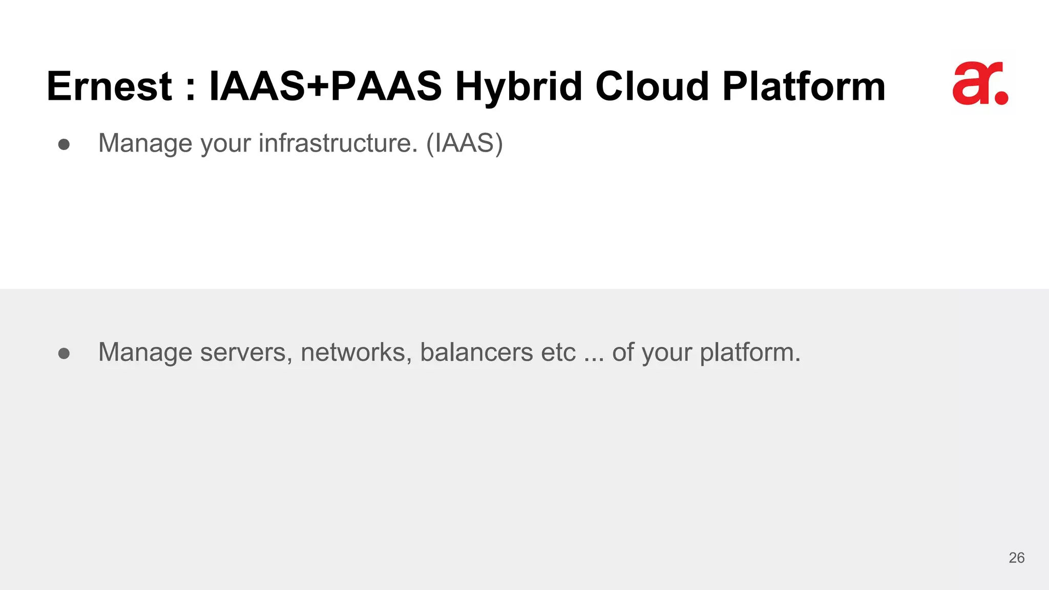 Ernest : IAAS+PAAS Hybrid Cloud Platform
● Manage your infrastructure. (IAAS)
26
● Manage servers, networks, balancers etc ... of your platform.
 