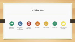 Jetstream
PERSISTENT
MESSAGING
DURABILITY &
HIGH
AVAILABILITY
EFFICIENT
STREAMING
KV STORE OBJECT STORE EASE OF USE AT LEAST ONCE
DELIVERY
 