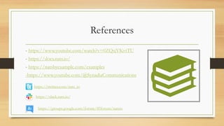 References
- https://www.youtube.com/watch?v=0ZQsjVKvtTU
- https://docs.nats.io/
- https://natsbyexample.com/examples
-https://www.youtube.com/@SynadiaCommunications
https://twitter.com/nats_io
https://groups.google.com/forum/#!forum/natsio
https://slack.nats.io/
 