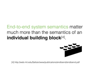 End-to-end system semantics matter
much more than the semantics of an 
individual building block[4].
[4] http://web.mit.edu/Saltzer/www/publications/endtoend/endtoend.pdf
 