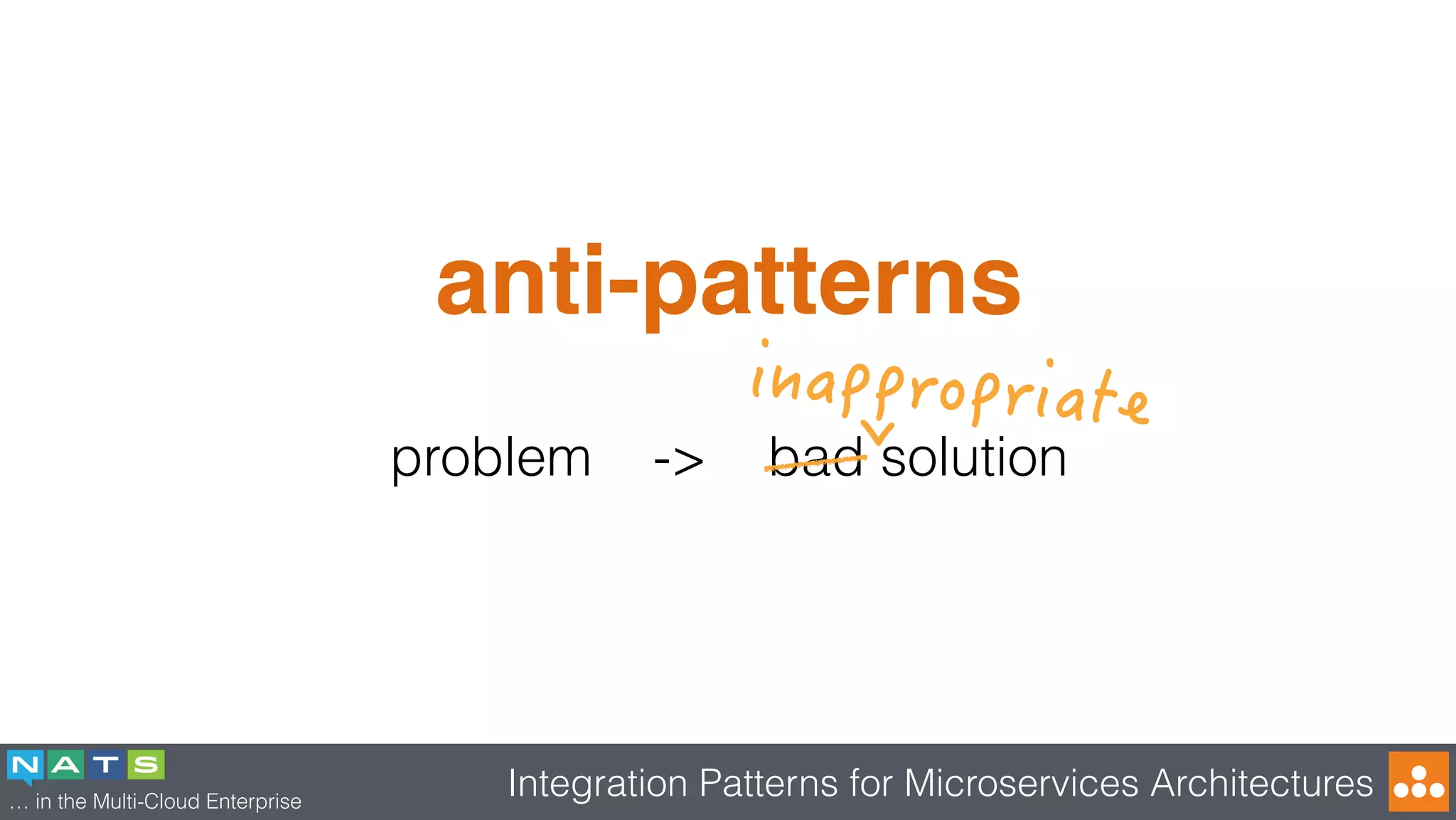 … in the Multi-Cloud Enterprise
Integration Patterns for Microservices Architectures
anti-patterns
problem -> bad solution
 