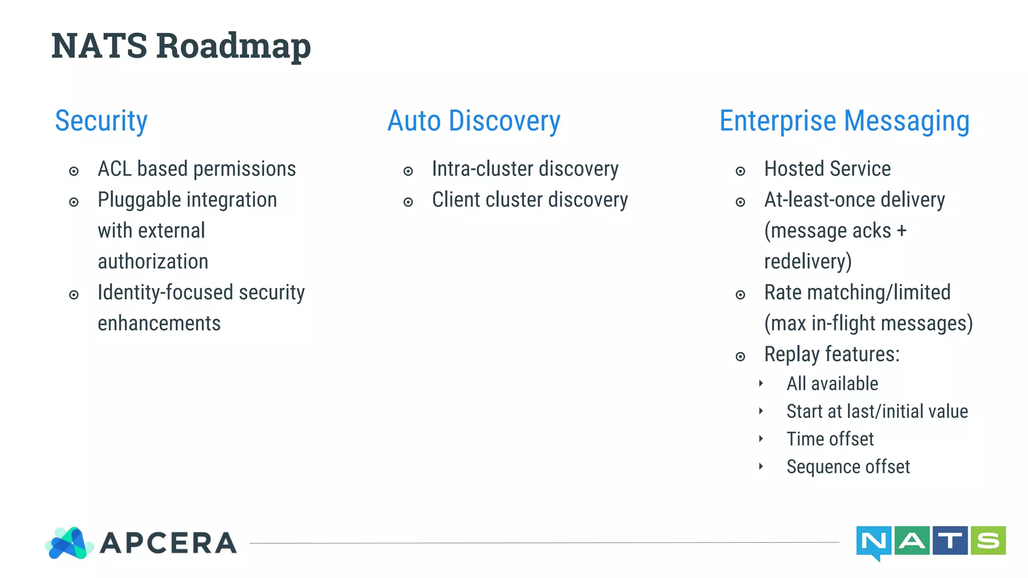 Auto Discovery
๏ Intra-cluster discovery
๏ Client cluster discovery
Enterprise Messaging
๏ Hosted Service
๏ At-least-once delivery
(message acks +
redelivery)
๏ Rate matching/limited
(max in-flight messages)
๏ Replay features:
‣ All available
‣ Start at last/initial value
‣ Time offset
‣ Sequence offset
Security
๏ ACL based permissions
๏ Pluggable integration
with external
authorization
๏ Identity-focused security
enhancements
NATS Roadmap
 