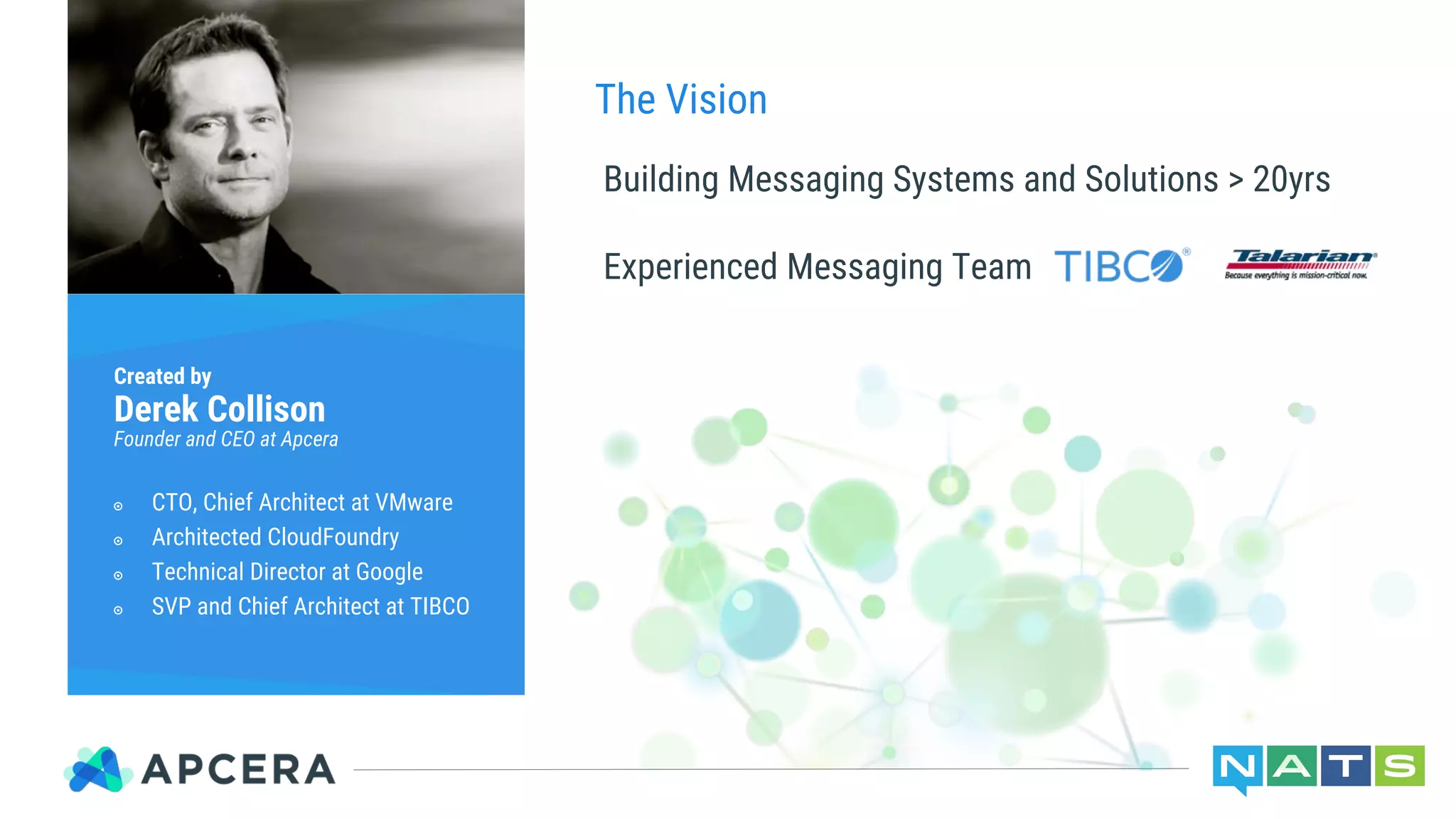 Created by
Derek Collison
Founder and CEO at Apcera
๏ CTO, Chief Architect at VMware
๏ Architected CloudFoundry
๏ Technical Director at Google
๏ SVP and Chief Architect at TIBCO
The Vision
Building Messaging Systems and Solutions > 20yrs
Experienced Messaging Team
 