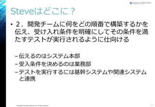 Copyright© Growth xPartners, Inc. All rights reserved.
Steveはどこに？
• ２．開発チームに何をどの順番で構築するかを
伝え、受け入れ条件を明確にしてその条件を満
たすテストが実行されるように仕向ける
–伝えるのはシステム本部
–受入条件を決めるのは業務部
–テストを実行するには基幹システムや関連システム
と連携
19
 