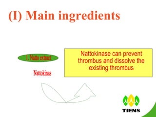 (I) Main ingredients Nattokinase can prevent thrombus and dissolve the existing thrombus 1. Natto extract （ Nattokinase） 
