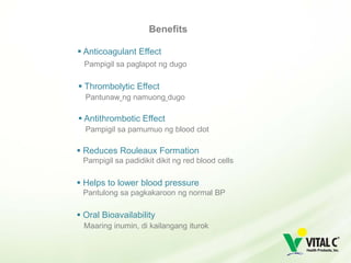 Benefits

 Anticoagulant Effect
  Pampigil sa paglapot ng dugo

 Thrombolytic Effect
  Pantunaw ng namuong dugo

 Antithrombotic Effect
  Pampigil sa pamumuo ng blood clot

 Reduces Rouleaux Formation
 Pampigil sa padidikit dikit ng red blood cells

 Helps to lower blood pressure
 Pantulong sa pagkakaroon ng normal BP

 Oral Bioavailability
  Maaring inumin, di kailangang iturok
 