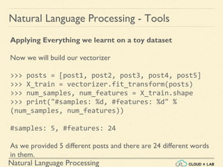 Natural Language Processing
Natural Language Processing - Tools
Applying Everything we learnt on a toy dataset
Now we will build our vectorizer
>>> posts = [post1, post2, post3, post4, post5]
>>> X_train = vectorizer.fit_transform(posts)
>>> num_samples, num_features = X_train.shape
>>> print("#samples: %d, #features: %d" %
(num_samples, num_features))
#samples: 5, #features: 24
As we provided 5 different posts and there are 24 different words
in them.
 