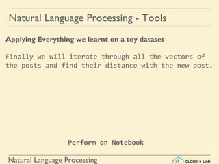 Natural Language Processing
Natural Language Processing - Tools
Applying Everything we learnt on a toy dataset
Finally we will iterate through all the vectors of
the posts and find their distance with the new post.
Perform on Notebook
 