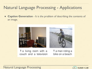 Natural Language Processing
Natural Language Processing - Applications
● Caption Generation - It is the problem of describing the contents of
an image.
 