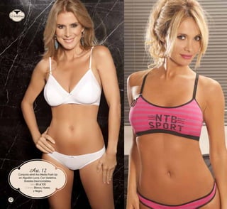 Art. 12 
Conjunto símil Aro Medio Push Up 
en Algodón Lycra. Con Vedetina. 
Breteles Desmontables. 
Talles: 85 al 100 
Colores: Blanco, Hueso, 
y Negro. 
Vedetina 
42 
 