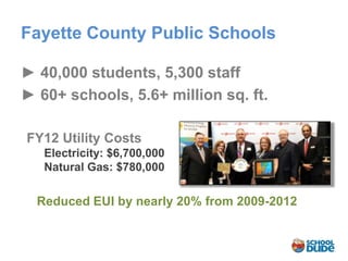 Fayette County Public Schools

► 40,000 students, 5,300 staff
► 60+ schools, 5.6+ million sq. ft.

FY12 Utility Costs
   Electricity: $6,700,000
   Natural Gas: $780,000

  Reduced EUI by nearly 20% from 2009-2012
 