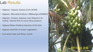 Lab Results
• Highest : Organic Carbon 8.4% (ICAR)
• Highest : Microbial Culture 1 Million/gm (ICRISAT)
• Highest : Protei...