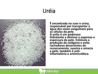 Uréia
É encontrada no suor e urina,
responsável por transportar a
água dos vasos sanguíneos para
as células da pele.
A uréia é um poderoso
hidratante e diminui a aspereza e
espessura da pele. Estimula a
produção de colágeno e evita
rachaduras decorrentes do
ressecamento, suaviza e amacia
a pele, também é anti-
inflamatório e antimicróbico.
 