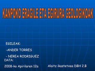 KANPOKO ERAGILE ETA EGIRURA GEOLOGIKOAK ,[object Object],[object Object],[object Object],DATA: 2008-ko Apirilaren 12a   Alaitz ikastetxea DBH 2.B 
