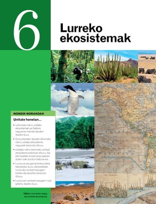 832926 _ 0100-0123.qxd   21/2/08   13:24      Página 100




         6                                             Lurreko
                                                       ekosistemak




          NONDIK NORAKOAK

          Unitate honetan…
          • Lehorreko nahiz uretako
            ekosistemak zer faktore
            nagusiren mende dauden
            ikasiko duzu.
          • Gure planetan dauden lehorreko
            nahiz uretako ekosistema
            nagusiak bereiziko dituzu.
          • Uretako nahiz lehorreko zenbait
            ekosistema aztertuko dituzu, bai
            eta haietako biozenosia osatzen
            duten izaki bizidun batzuk ere.
          • Lurzorua oso garrantzitsua dela
            balioetsiko duzu, eta bestalde,
            lurzoruko zenbait ezaugarri
            biotiko eta abiotiko bereiziko
            dituzu.
          • Lurzoruen zenbait ezaugarri nola
            aztertu ikasiko duzu.


                   1890eko munduko mapa,
                    eta zenbait ekosistema.
 