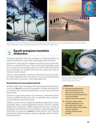 832926 _ 0124-0141.qxd     21/2/08    13:16    Página 127




        Eguzki-argiak zut iristen da ekuatorera, eta zeihar, poloetara. Eta horrek eragiten du bi eremu horietako tenperaturen arteko aldea oso
        handia izatea. Alde horiek mugimenduak eragiten dituzte atmosferan eta ozeanoetan.



                   Eguzki-energiaren banaketa
          2        desberdina
        Atmosferak Eguzkitik iristen den energiaren zati handi bat gelditu eta
        espaziora itzultzen du. Lurzoruraino argi ikusgaia soilik iristen da ia.
        Lurzoruak eta urak argi hori xurgatzen dutenean, berotu egiten dira.
        Hala ere, ez dira berdin berotzen. Ekuatoretik hurbil, Eguzkiaren izpiak
        oso zut iristen dira Lurraren gainazalera; aire-lodiera txikia zeharkatzen
        dute, eta beroketa oso eraginkorra da. Han «beroa egiten du»: airea eta
        ozeanoko ura bero daude.
        Poloetan, ordea, Eguzkiaren izpiak oso zeihar iristen dira eta aire-lodie-
        ra handia zeharkatzen dute; horrenbestez, lurra eta ura gutxi berotzen                       Atmosferako eta ozeanoetako lasterrek
        dira. Hori dela-eta, poloetan, «hotz handia egiten du».                                      espiralak sortzen dituzte, Lurraren
                                                                                                     errotazio-higiduraren ondorioz.
        Atmosferako eta ozeanoetako lasterrak
        Hondoan azalean baino ur beroagoa duen ontzian gertatzen den moduan,                           ARIKETAK
        Lurrean ere lasterrak sortzen dira atmosferan, eta laster horiek aire be-                      4. Eguzkiak homogeneotasun
        roa eramaten dute ekuatoretik poloetaraino, eta aire hotza, poloetatik                            osoz berotuko balu Lurra,
        ekuatoreraino.                                                                                    eta Lurraren gainazal osoan
                                                                                                          tenperatura berbera egingo balu,
        Ozeanoetan, gauza bera gertatzen da: ekuatorean, poloetarantz doazen
                                                                                                          sortuko al litzateke
        ur-laster ozeaniko beroak sortzen dira, eta poloetan, berriz, ekuatore-                           ozeano-haizerik eta -lasterrik?
        rantz lekualdatzen diren laster hotzak.
                                                                                                       5. Argazkiko hodei-eraketa
        Alabaina, Lurraren errotazio-higidurak desbideratu egiten ditu ur-laster                          espiralari begiratuta, Lurra
        ozeanikoak; alegia, errotazio-higiduraren ondorioz, lasterrek, zuzeneko                           lehen aldiz ikusiko lukeen
        ibilbidea hartu beharrean, ibilbide kurbatua hartzen dute. Zenbat eta                             estralurtar batek ondorioztatuko
        handiagoak izan laster horien masa eta abiadura, orduan eta gehiago kur-                          luke gure planetak
        batuko dira, eta azkenean, espiralak osatuko dituzte. Laster horiekin                             errotazio-higidura duela.
        batera hodei-eraketak daudenean, lasterren espiralak satelite artifiziale-                        Zergatik?
        tatik ikus daitezke.


                                                                                                                                                  127
 