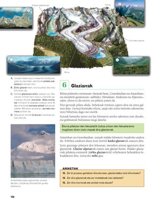 832926 _ 0142-0163.qxd     19/4/08     11:54       Página 150




                                                                                                        Zirkua         B
                              Erliebe malkartsuak

                          A




                                                                                                                               U formako harana




        C                                                                                                          D




                                                                  Mihia


        A. Izotzak meteorizazio mekaniko handia era-
           giten du harrietan, eta horrek erliebe mal-
           kartsuak sortzen ditu.
        B. Zirku glaziarretan, elurra pilatu eta izotz          6         Glaziarrak
           bihurtzen da.
        C. Izotzak glaziarren mihia osatzen du. Gla-        Klima polarreko eremuetan –besteak beste, Groenlandian eta Antartikan–
           ziarren mihiek harri kopuru handiak ga-          eta mendirik garaienetan –adibidez, Himalaian, Andeetan eta Alpeetan–,
           rraiatzen dituzte: morrenak. Albo-morre-         udan, elurra ez da urtzen, eta pilatuz joaten da.
           nak mihiaren bi aldeetan pilatzen dira. Bi
           albo-morrenak morrena zentral bat osa de-        Elur-geruzak pilatu ahala, behekoak trinkotu egiten dira eta airea gal-
           zakete. Mihiaren amaieran, aurreko mo-           tzen dute. Geruza horietako elurra, zazpi edo zortzi metroko sakoneran,
           rrena sortzen da.                                izotz bihurtuta dago oso-osorik.
        D. Glaziarren mihiek U itxurako haranak sor-
           tzen dituzte.
                                                            Izotzak hamarka metro eta lau kilometro arteko sakonera izan dezake,
                                                            eta grabitateak bultzatuta mugi daiteke.

                                                                Elurra pilatzen den lekuetatik izotza urtzen den lekuetaraino
                                                                mugitzen diren izotz-masak dira glaziarrak.

                                                            Antartikan eta Groenlandian, izotzak milaka kilometro koadroko azalera
                                                            du. Erliebea estaltzen duen izotz horrek kasko-glaziarrak osatzen ditu.
                                                            Izotz gutxiago pilatzen den lekuetan, mendien artean igarotzen dira
                                                            glaziarrak. Glaziar alpetarrak esaten zaie glaziar horiei. Halako glazia-
                                                            rrak pilaketa-eremutik (zirku glaziarretik) erliebearen behealdera le-
                                                            kualdatzen dira, izotzezko mihi gisa.



                                                                ARIKETAK
                                                                13. Zer bi prozesu gertatzen dira elurrean, glaziarretako izotz bihurtzeko?
                                                                14. Zer dira glaziarrak eta zer motatakoak izan daitezke?
        Antartikako kasko-glaziarreko zenbait
        lekutan, izotzak lau kilometrotik gorako                15. Zer dira morrenak eta zenbat mota daude?
        lodiera du.



        150
 
