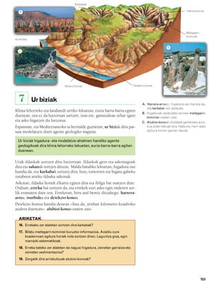 832926 _ 0142-0163.qxd   19/4/08   11:54   Página 151



                                              Karkabak

           A                                                                                                               Harrera-arroa




                                                                                                                          Maitagarri-
                                                                                                                          tximiniak
        Isurbidea

                                                                                                             B
          C




                                       Alubioi-konoa                                 Deiekzio-konoa




          7         Ur biziak
                                                                                           A. Harrera-arroan, higadura oso handia da,
                                                                                              eta karkabak sor daitezke.
        Klima lehorreko eta landaredi urriko lekuetan, euria barra-barra egiten
                                                                                           B. Higadurak isolatutako dorreei maitagarri-
        duenean, ura ez da lurzoruan sartzen; izan ere, gainazalean zehar igaro               tximiniak esaten zaie.
        eta asko higatzen du lurzorua.                                                     C. Alubioi-konoak uholdeak gertatzeko arris-
        Espainian, eta Mediterraneoko ia herrialde guztietan, ur biziak dira pai-             kua duten lekuak dira. Hala ere, herri asko
        saia modelatzen duen agente geologiko nagusia.                                        egitura horien gainen daude.


          Ur biziak higadura- eta modelatze-ahalmen handiko agente
          geologikoak dira klima lehorreko lekuetan, euria barra-barra egiten
          duenean.

        Urak ildaskak sortzen ditu lurzoruan. Ildaskak gero eta sakonagoak
        dira eta sakanak sortzen dituzte. Malda handiko lekuetan, higadura oso
        handia da, eta karkabak sortzen dira; hots, tontorren eta higatu gabeko
        zutabeen arteko ildaska sakonak.
        Askotan, ildaska horiek elkartu egiten dira eta ibilgu bat osatzen dute.
        Orduan, erreka bat sortzen da, eta errekek euri asko egin ondoren soi-
        lik eramaten dute ura. Erreketan, hiru atal bereiz ditzakegu: harrera-
        arroa, isurbidea eta deiekzio-konoa.
        Deiekzio-konoa handia denean –hau da, zenbait kilometro koadroko
        azalera duenean–, alubioi-konoa esaten zaio.

          ARIKETAK
          16. Errekako zer ataletan sortzen dira karkabak?
          17. Bilatu maitagarri-tximiniei buruzko informazioa. Azaldu zure
              koadernoan egitura horiek nola sortzen diren. Laguntza gisa, egin
              marrazki eskematikoak.
          18. Erreka bateko zer ataletan da nagusi higadura, zeinetan garraioa eta
              zeinetan sedimentazioa?
          19. Zergatik dira arriskutsuak alubioi-konoak?




                                                                                                                                        151
 