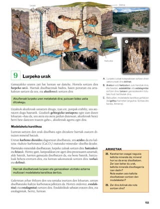 832926 _ 0142-0163.qxd   21/2/08   13:26   Página 153




                         Leizea                                                                         Dolina

                                                                                                    A




                                                                                                                 B




                                                        C

                                                                                        Haitzuloa




          9       Lurpeko urak                                                         A. Lurpeko zuloak kolapsatzean sortzen diren
                                                                                          sakonuneak dira dolinak.
        Gainazaleko uraren zati bat lurrean sar daiteke. Horrela sortzen dira          B. Aretoak edo haitzuloak zulo handiak dira,
        lurpeko urak. Harriak disolbaezinak badira, haien poroetan eta arra-              eta haietan, estalaktitak eta estalagmitak
        kaletan sartzen da ura, eta akuiferoak sortzen dira                               sortzen dira. Leizeak gainazalarekin lotu-
                                                                                          tako hodi bertikalak dira.
          Akuiferoak lurpeko uren metaketak dira; putzuen bidez ustia                  C. Batzuetan, modelaketa karstikoa gertatzen
                                                                                          da igeltsu-harrietan (argazkia: Sorbas-eko
          ditzakegu.                                                                      karsta, Almeria).

        Gizakiok akuiferoak ustiatzen ditugu; izan ere, ponpak erabiliz, ura ate-
        ratzen dugu haietatik. Gizakiek gehiegizko ustiapena egin izan duten
        lekuetan –hau da, ura atera eta atera jardun dutenean, akuiferoak berez
        berri bete daitezen itxaron gabe–, akuiferoak agortu egin dira.

        Modelaketa karstikoa
        Lurrean sartzen den urak disolbatu egin ditzakete harriak osatzen di-
        tuzten mineral batzuk.
        Uretan karbono dioxidoa dagoenean disolbatuta, ura azidoa da eta kal-
        tzita –kaltzio karbonatoz (CaCO3) osatutako minerala– disolba dezake.
        Harrietako mineralak disolbatzean, lurpeko zuloak sortzen dira: haitzuloak       ARIKETAK
        eta leizeak. Horrez gain, kanpoaldean ere ageri dira prozesuaren aztarnak;
                                                                                         22. Kareharrien osagai nagusia
        alde batetik, harrien gainazala disolbatzen da, eta beste batetik, haitzu-
                                                                                             kaltzita minerala da; mineral
        loak behera erortzen dira, eta lurrean sakonuneak sortzen dira: torkak               hori ez da erraz disolbatzen.
        eta dolinak.                                                                         Zer izan behar du urak,
                                                                                             kaltzita minerala disolbagarria
          Harriak disolbatzeak lurpean eta gainazalean utzitako aztarna                      izan dadin?
          multzoari modelaketa karstikoa deritzo.                                            Nola esaten zaio kaltzita
                                                                                             disolbatzean sortzen den
        Galerietan zehar ibiltzen den ura tantaka isurtzen den lekuetan, uretan              modelaketari?
        disolbatutako kaltzio karbonatoa jalkitzen da. Horren ondorioz, estalak-         23. Zer dira dolinak eta nola
        titak eta estalagmitak sortzen dira. Estalaktiktak sabaian eratzen dira, eta         sortzen dira?
        estalagmitak, berriz, lurrean.


                                                                                                                                153
 