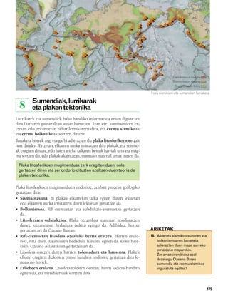832926 _ 0164-0187.qxd   21/2/08   13:25   Página 175




                                                                                                   Sismikotasun handia
                                                                                                   Sismikotasun ertaina
                                                                                                     Sismikotasun txikia

                                                                                      Foku sismikoen eta sumendien banaketa.

                 Sumendiak, lurrikarak
          8      eta plaken tektonika
        Lurrikarek eta sumendiek balio handiko informazioa eman digute: ez
        dira Lurraren gainazalean ausaz banatzen. Izan ere, kontinenteen er-
        tzetan edo ozeanoetan zehar lerrokatzen dira, eta eremu sismikoak
        eta eremu bolkanikoak sortzen dituzte.
        Banaketa horrek argi eta garbi adierazten du plaka litosferikoen ertzak
        non dauden. Ertzetan, elkarren aurka irristatzen dira plakak, eta seismo-
        ak eragiten dituzte, edo haien arteko talkaren beroak harriak urtu eta mag-
        ma sortzen du, edo plakak aldentzean, mantuko material urtua irteten da.

          Plaka litosferikoen mugimenduak zerk eragiten duen, nola
          gertatzen diren eta zer ondorio dituzten azaltzen duen teoria da
          plaken tektonika.


        Plaka litosferikoen mugimenduen ondorioz, zenbait prozesu geologiko
        gertatzen dira:
        • Sismikotasuna. Bi plakak elkarrekin talka egiten duten lekuetan
           edo elkarren aurka irristatzen diren lekuetan gertatzen da.
        • Bolkanismoa. Rift-eremuetan eta subdukzio-eremuetan gertatzen
           da.
        • Litosferaren subdukzioa. Plaka ozeanikoa mantuan hondoratzen
           denez, ozeanoaren hedadura txikitu egingo da. Adibidez, horixe
           gertatzen ari da Ozeano Barean.                                            ARIKETAK
        • Rift-eremuetan litosfera ozeaniko berria eratzea. Horren ondo-              16. Alderatu sismikotasunaren eta
           rioz, rifta duen ozeanoaren hedadura handitu egiten da. Esate bate-            bolkanismoaren banaketa
           rako, Ozeano Atlantikoan gertatzen ari da.                                     adierazten duen mapa aurreko
                                                                                          orrialdeko maparekin.
        • Litosfera osatzen duten harrien tolestadura eta haustura. Plakek
                                                                                          Zer arrazoiren bidez azal
           elkarri eragiten dizkioten presio handien ondorioz gertatzen dira fe-          dezakegu Ozeano Barea
           nomeno horiek.                                                                 sumendiz eta eremu sismikoz
        • Erliebeen eraketa. Litosfera tolesten denean, haren lodiera handitu             inguratuta egotea?
           egiten da, eta mendilerroak sortzen dira.


                                                                                                                           175
 